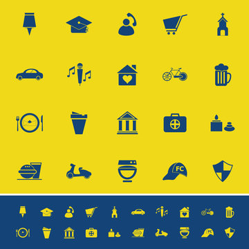 Map sign and symbol color icons on yellow background