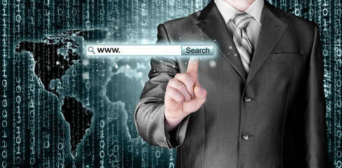 Businessman pushing virtual search bar