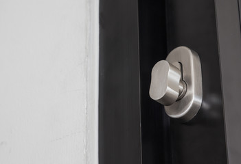 Detail of a metallic knob on white door