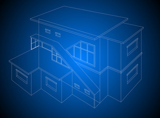 A wireframe home model on a blue background