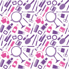 Vector seamless pattern background with various cosmetic objects