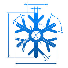 Obraz premium Snowflake sign with dimension lines. Blueprint drawing element