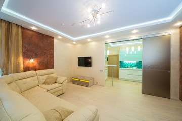 Beautiful modern living room with sofa overlooking the kitchen