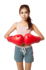 Asian slim girl  with red  boxing glove