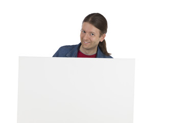 Smiling adult man holding a marketing placard