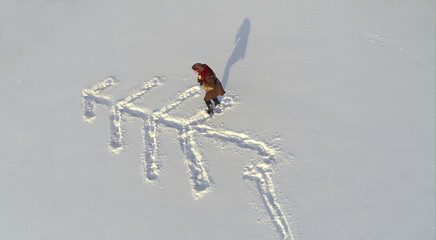 Girl in a fur coat outdoor drawing arrow on snow