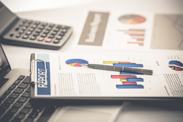 Fototapeta premium Businessman analyzing investment charts with laptop. Accounting