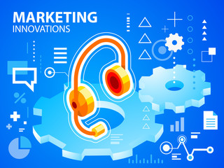 Vector bright illustration gears and head phone on blue backgrou