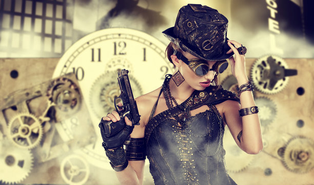 A steampunk woman stands on a background of abstract clock