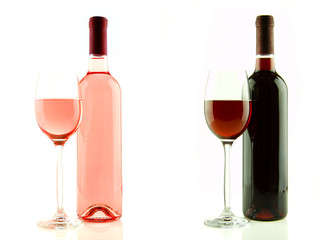 Bottle and glass of pink and red wine isolated