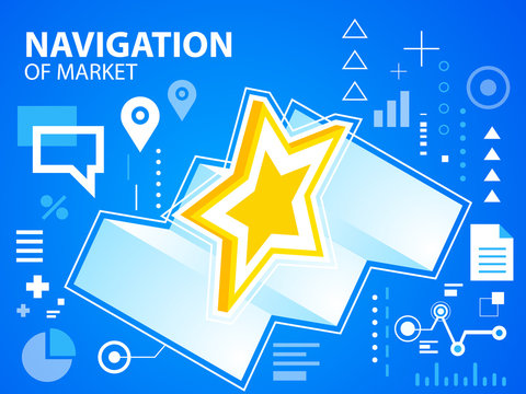 Vector bright illustration navigation map and star on blue backg