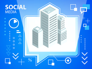 Vector bright illustration speech bubble and buildings on blue b