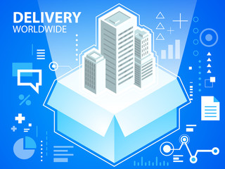 Vector bright illustration delivery box and buildings on blue ba
