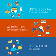 Hotel booking restaurant travel business concept flat icons set