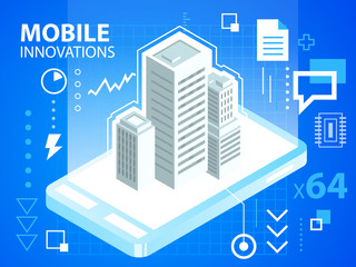 Vector bright illustration mobile phone and buildings on blue ba