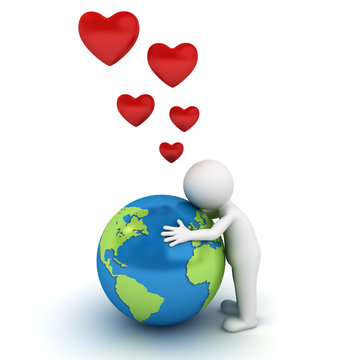 Love the earth concept 3d man hugging blue globe on white