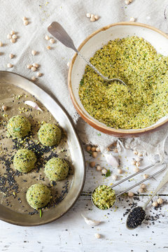 homemade preparation of falafel balls with chickpeas