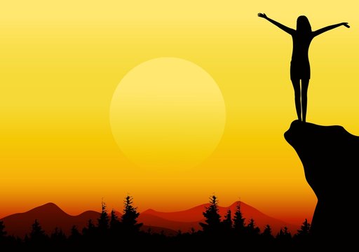 silhouette of a girl with raised hands on mountain