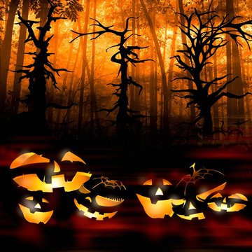 halloween pumpkins on the background of a dark forest