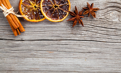 Christmas decoration on wood background, with free space for you