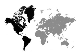 Obraz premium Mapa świata na białym tle. Ameryka Północna i Południowa