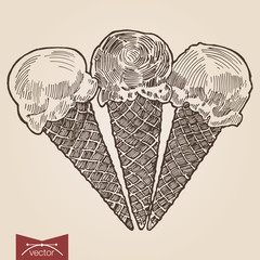 Engraving style hatching vector lineart sweet ice cream cones