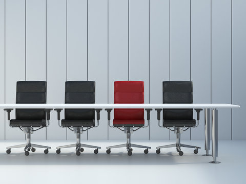 Four office chairs and conference table in front of grey wall panel, D Rendering