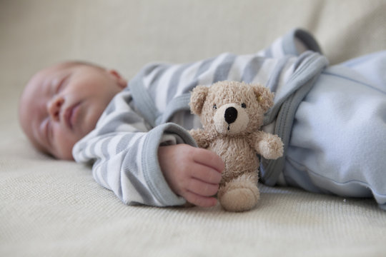 Portrait of sleeping baby boy lying on blanket with teddy