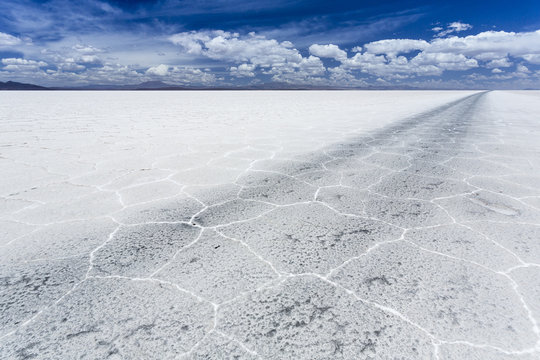South America, Bolivia, Atacama, Altiplano, Salar de Uyuni, tire tracks