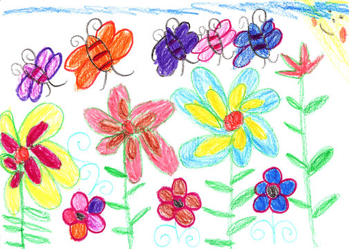 Child's drawing bees and flowers nature