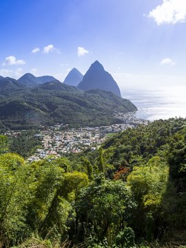 Caribbean, St. Lucia, View on Soufriere with volcanos Gros Piton and Petit Piton