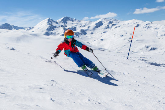 Switzerland, Grisons, Obersaxen, Boy skiing