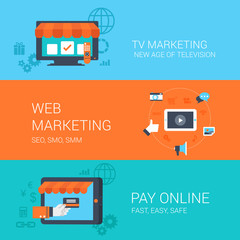 Business concept flat icons set tv web marketing online payment