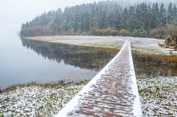 wooden walkway in winter