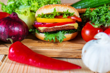 homemade hamburger with fresh vegetables, close up