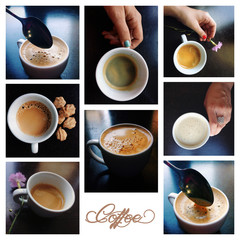 collage coffee with espresso, cappuccino, latte and mocha