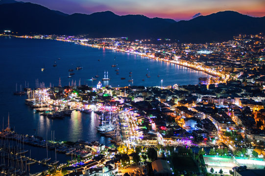 View of Marmaris harbor on Turkish Riviera by night
