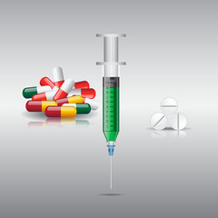 Tablets pills capsules, syringe and medicine vector