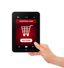 hand holding tablet with  shopping cart isolated over white