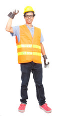portrait of asian worker man wearing safety jacket hard hat and