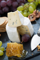Camembert with fresh honey, grapes and nuts, close-up