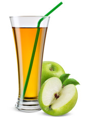 Glass of apple juice with fruit isolated on white.