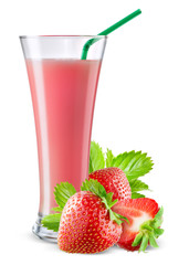 Glass of strawberry juice with fruit isolated on white.