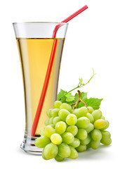 Glass of grape juice with fruit isolated on white.