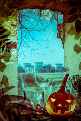 Halloween project pumpkins old ruins View window castle