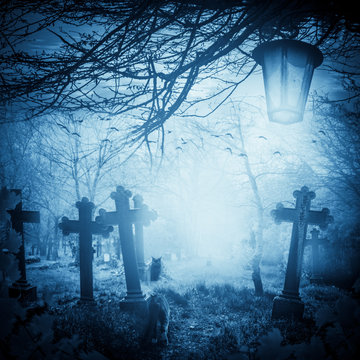 Halloween illustration night cemetery Old graves cats lanterns