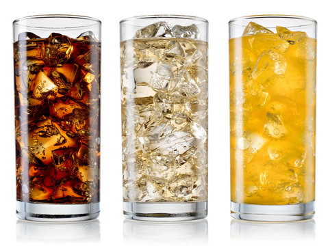 Glass of cola, fanta, sprite with ice cubes isolated on white. W