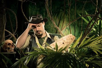 Lost explorer examining a map