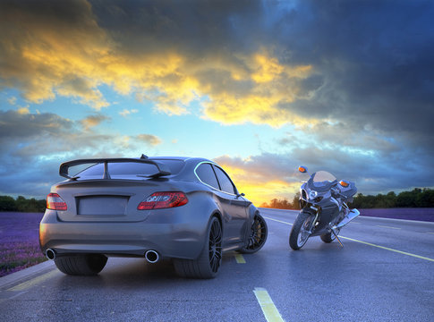 Fototapeta sport car and motorbike