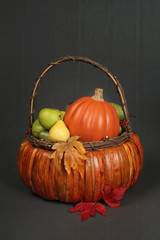 Pumpkins and Apples in Basket, Fall or Thanksgiving Theme